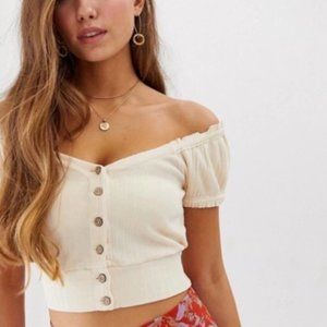 Free People We the Free Brighter Days Tee Puff Sleeve Beige Crop Top Size Small